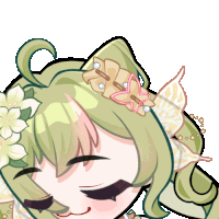 a cartoon girl with green hair has a flower in her hair