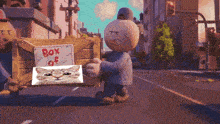 a cartoon character is carrying a box that says box of cat on it