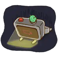 a cartoon drawing of a toaster oven with a red button on top