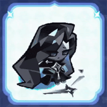 a cartoon character with long black hair is sitting on a white surface .
