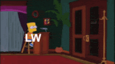 bart simpson and mr. homer simpson are standing in front of a door that says lw b21 on it