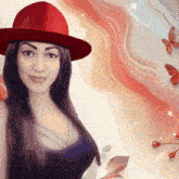 a woman wearing a red hat stands in front of a colorful background with butterflies