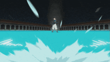 a man is standing in a pool of water with a sword