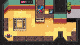 a pixel art drawing of a room with a plant and hearts on the wall