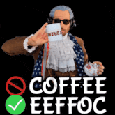 a man in a costume holding a coffee mug that says ' anyone drink ' on it