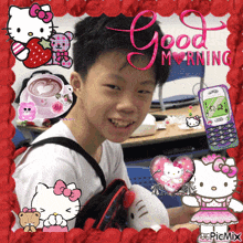 a picture of a boy with hello kitty on it and the words good morning