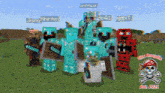 a group of minecraft characters are standing in a field with a skull and crossbones logo in the corner