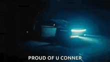 a close up of a person 's face with the words proud of u conner written below it