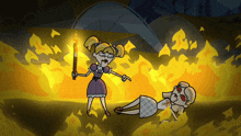 a cartoon of a girl holding a torch in front of a burning girl