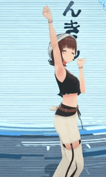a girl in a crop top and white shorts is dancing with her hands in the air .