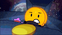 a cartoon drawing of a coin with a smiley face
