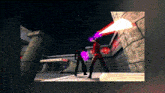 a video game scene with a purple light coming out of a person 's eye