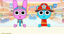 a cartoon of a doctor and a fireman standing in a store