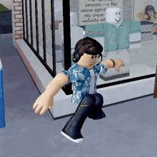 a roblox character wearing headphones is walking in front of a window that says nicholas