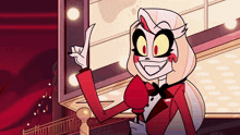 a cartoon character in a red and white suit and bow tie is pointing up