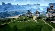 a blurred image of a video game with a few people walking around