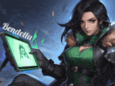 a woman in a green jacket is holding a tablet and the name bendietta is on the bottom