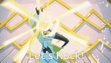 a cartoon character says let 's rock in front of a castle