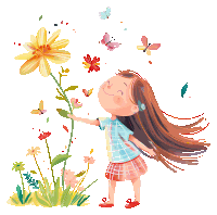 a girl with long hair is holding a flower with butterflies around her