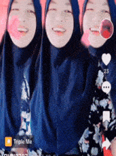 a woman wearing a blue hijab and a floral shirt has triple me written on the bottom