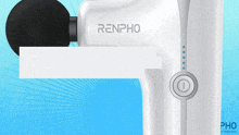 a white renpho massage gun is sitting on a blue surface