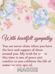 a card with flowers and the words " with heartfelt sympathy " on it