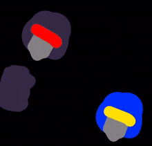 two cartoon characters , one red and one blue , are standing next to each other in the dark .