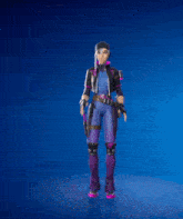 a girl in a purple outfit is dancing with her hands in the air