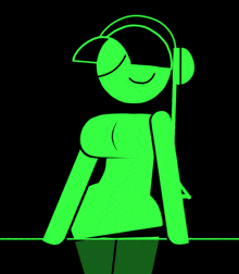 a green cartoon character with headphones and a hat