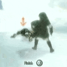 a gnome is standing in the snow with a sword and shield .