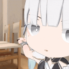 a close up of a cartoon character with white hair and black nails