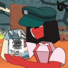 a cartoon character with a picture of a spider and the word true on it