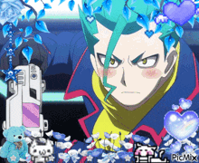 a picture of a man with green hair holding a white gun