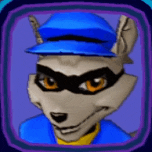 a raccoon wearing a blue hat and mask