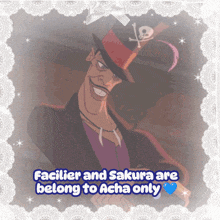 a picture of a man wearing a top hat with the words facilier and sakura are belong to acha only