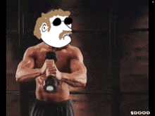 a shirtless man is holding a dumbbell with a cartoon face on his head