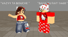 a girl in a red hello kitty shirt is standing next to a boy
