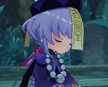 a cartoon character with purple hair has a chinese symbol on her head that says " hua "