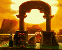 a painting of three people standing in front of a stone arch