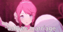 a girl with pink hair and blue eyes is standing next to another girl with purple hair and the words `` ashvee marriage '' .