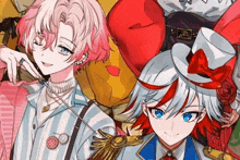 a couple of anime characters standing next to each other with one wearing a top hat