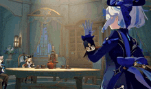 a girl in a blue dress is standing in a room