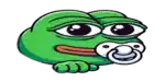 a green frog with a pacifier in its mouth is sitting on a white background .