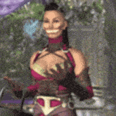 a woman in a pink costume is holding a bunch of money in her hands
