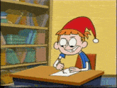 a cartoon of a boy wearing a red hat writing on a piece of paper