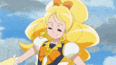a cartoon character with yellow hair and a heart on her chest