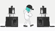 a cartoon drawing of a girl dancing in front of speakers with the number 8 on them