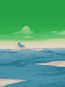a purple cartoon character is running on a green background
