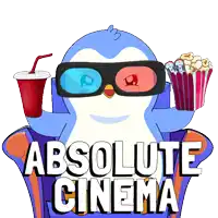 a penguin wearing 3d glasses holds a drink and popcorn