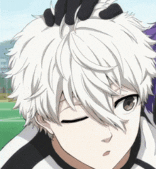 a close up of a person with white hair